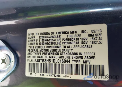 2013 Acura Rdx from USA, damaged, VIN 5J8TB3H51DL016044